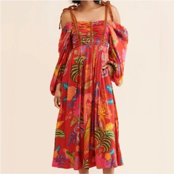 Farm Rio Mystic Bush Midi Boho Cold Shoulders Tropical Dress size XS - Picture 2 of 10